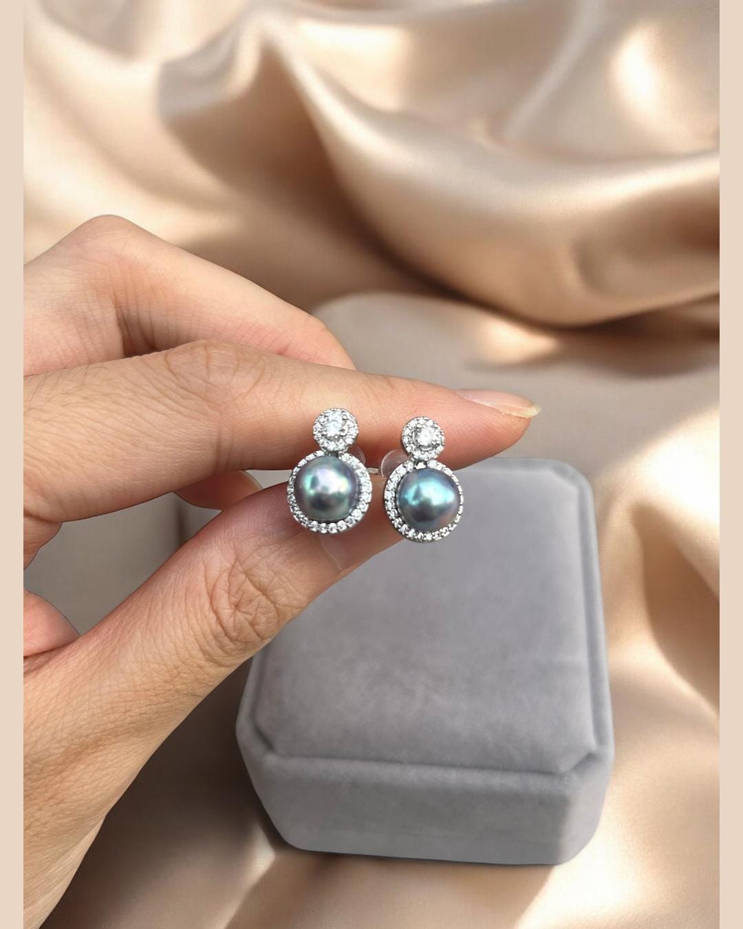 Blue Akoya Pearl Halo Drop Earrings – Silvery Blue, 8mm