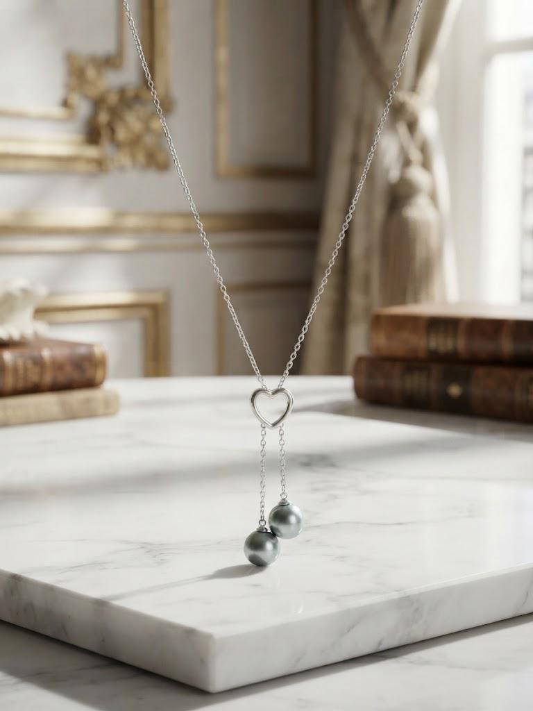 Blue Akoya Pearl Heart Lariat Necklace – 8–9mm Silvery-Blue Drops