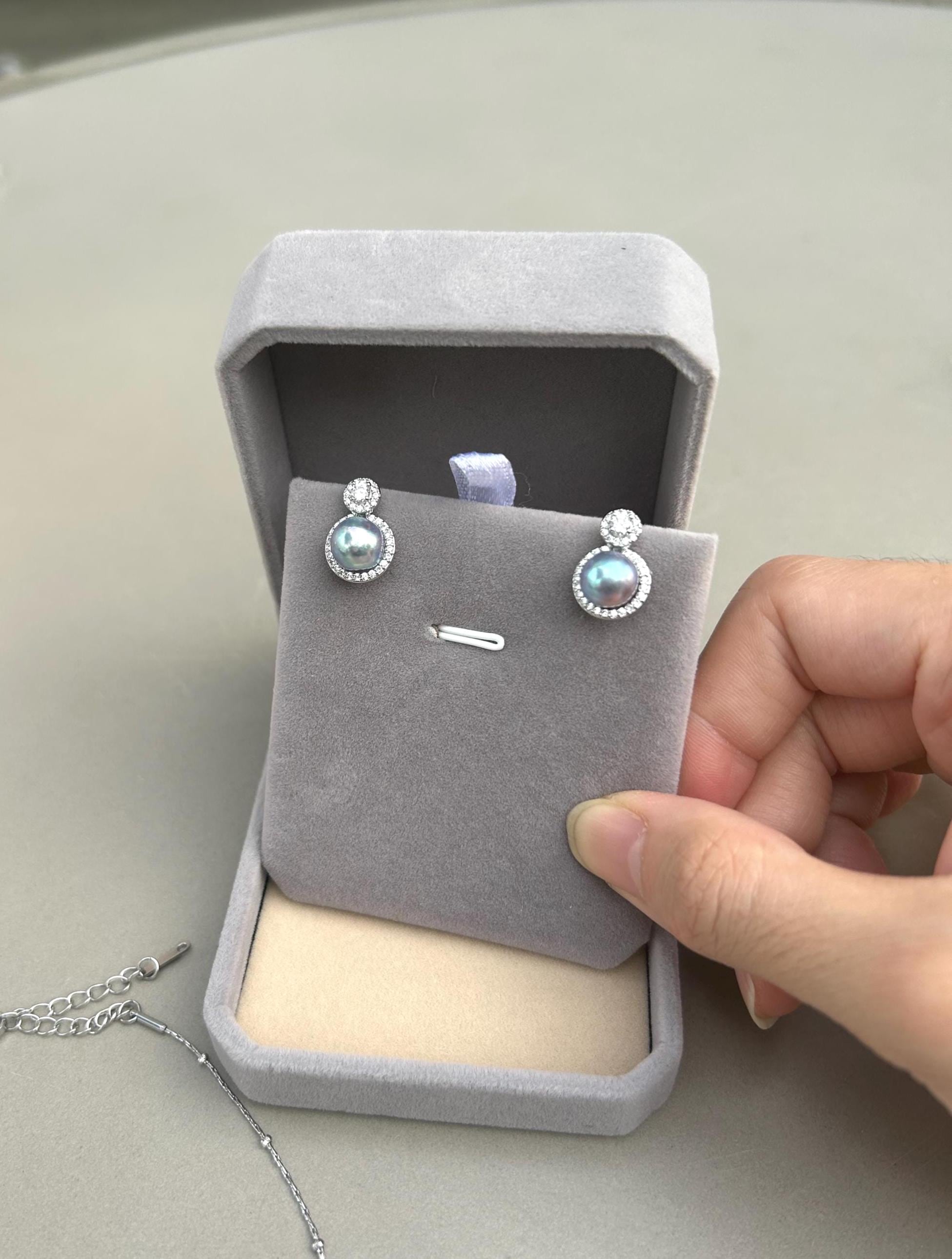 Blue Akoya Pearl Halo Drop Earrings – Silvery Blue, 8mm
