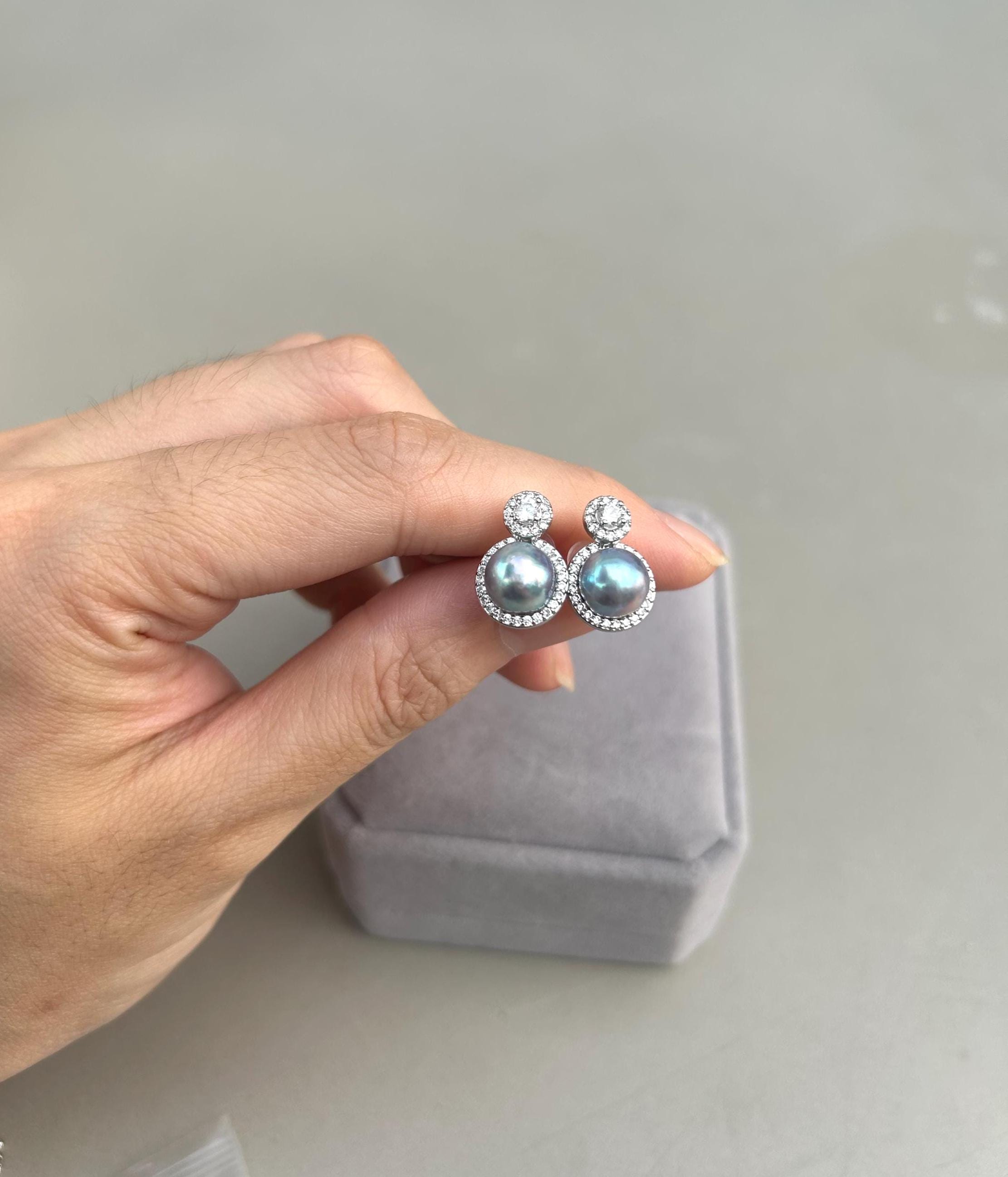 Blue Akoya Pearl Halo Drop Earrings – Silvery Blue, 8mm