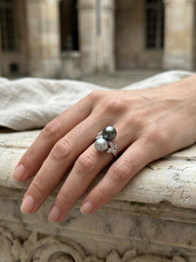 Toi et Moi Double Pearl Ring – Tahitian Peacock or South Sea Golden with Akoya Blue