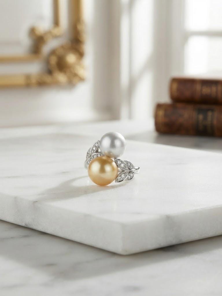 Toi et Moi Double Pearl Ring – Tahitian Peacock or South Sea Golden with Akoya Blue