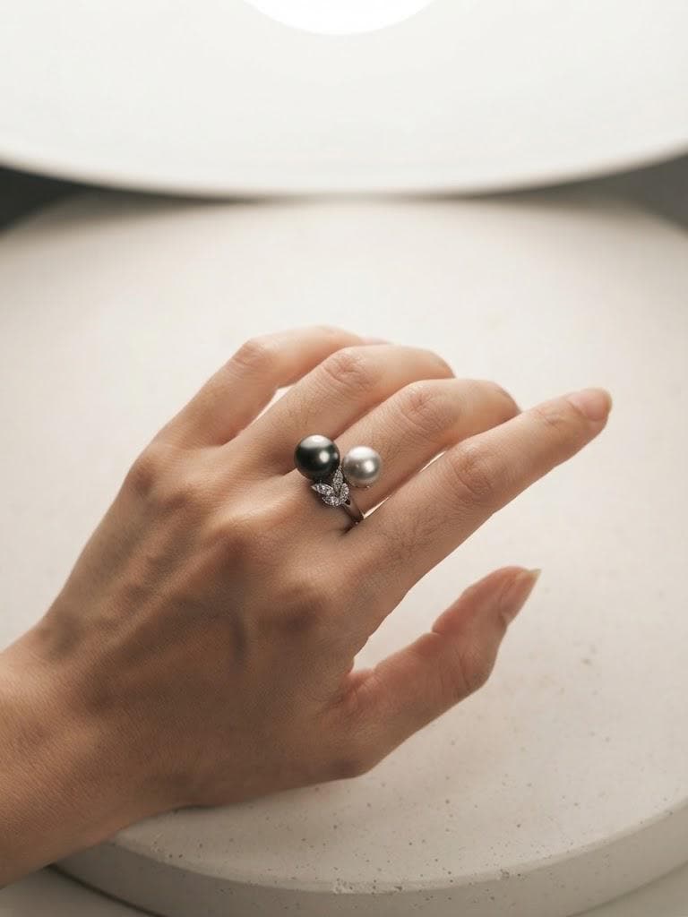 Toi et Moi Double Pearl Ring – Tahitian Peacock or South Sea Golden with Akoya Blue