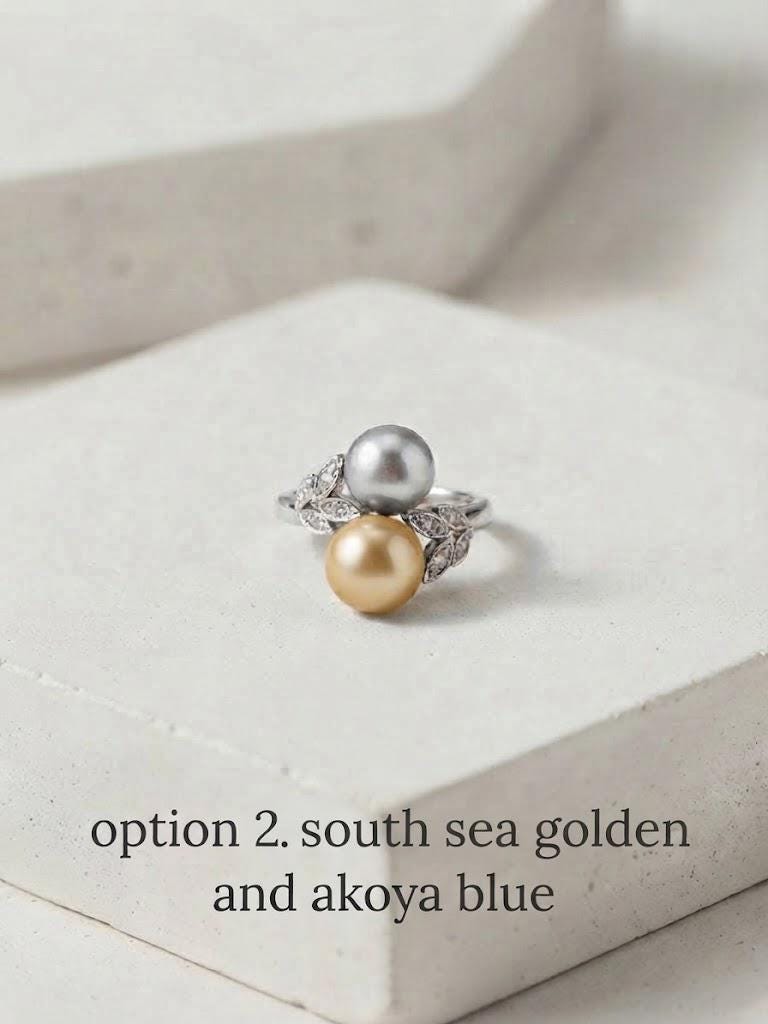 Toi et Moi Double Pearl Ring – Tahitian Peacock or South Sea Golden with Akoya Blue