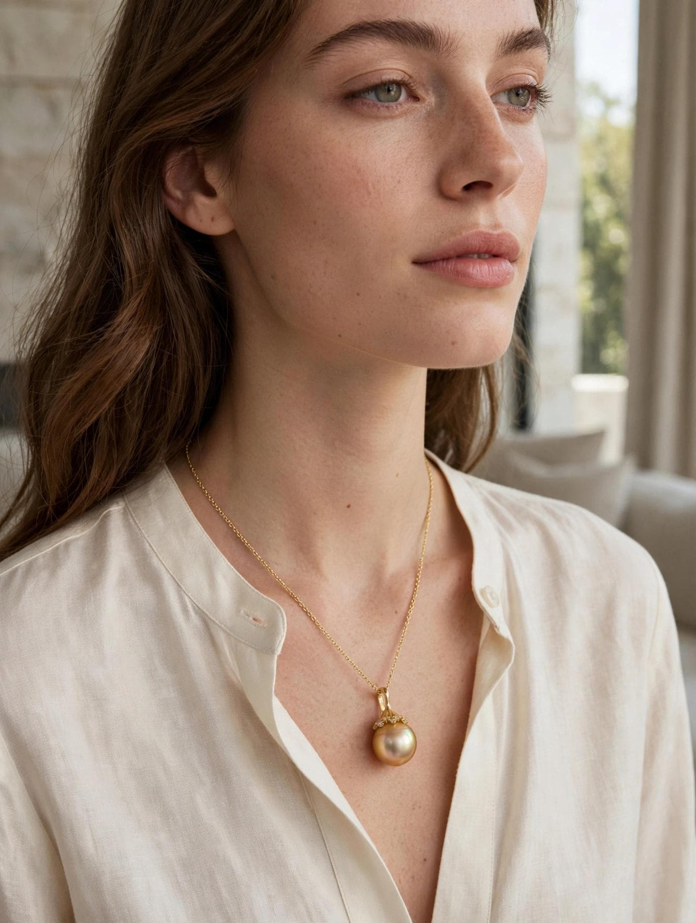 South Sea Golden Pearl Pendant Necklace – 13–14mm, 14K Gold-Plated Silver