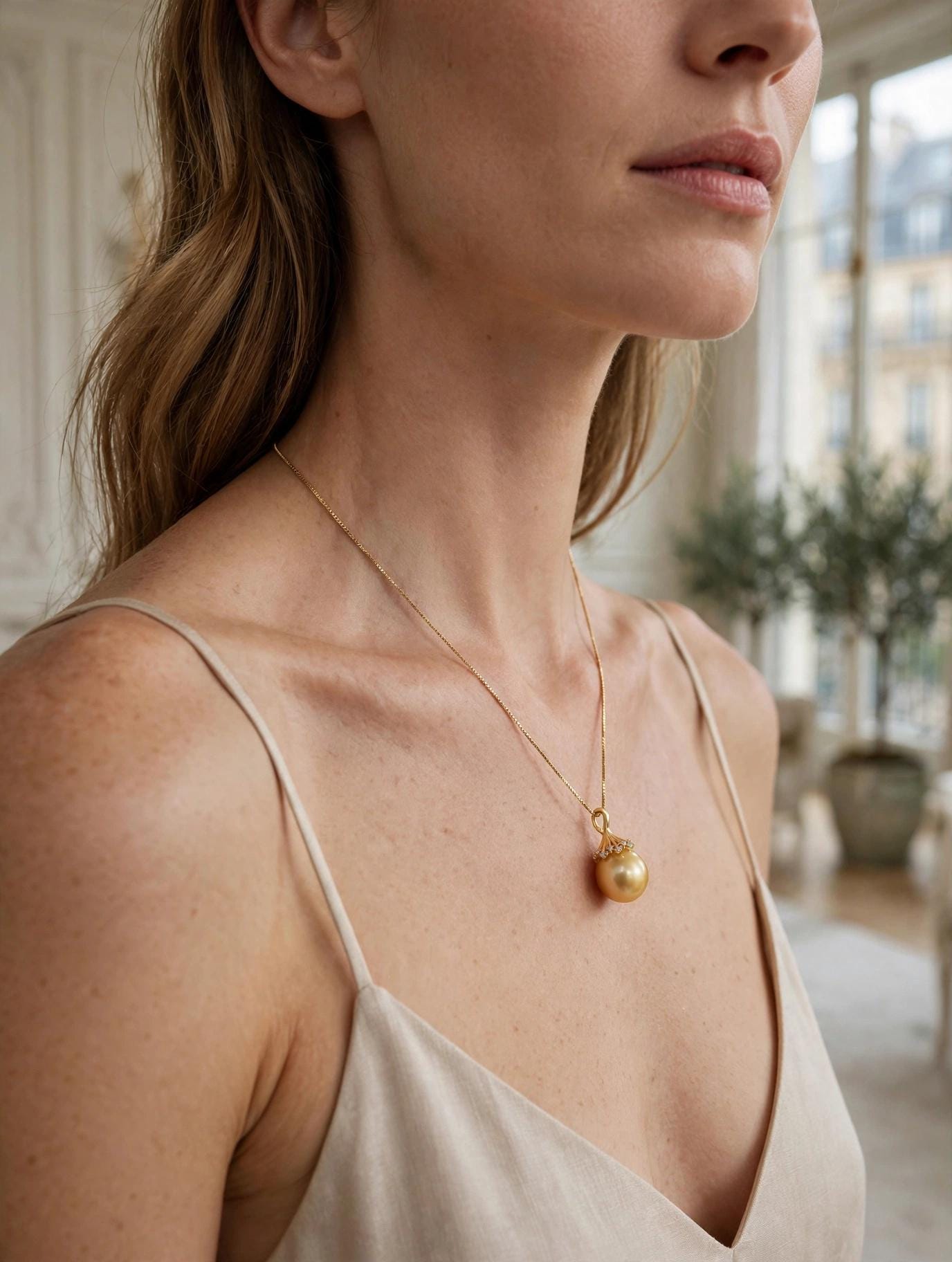 South Sea Golden Pearl Pendant Necklace – 13–14mm, 14K Gold-Plated Silver