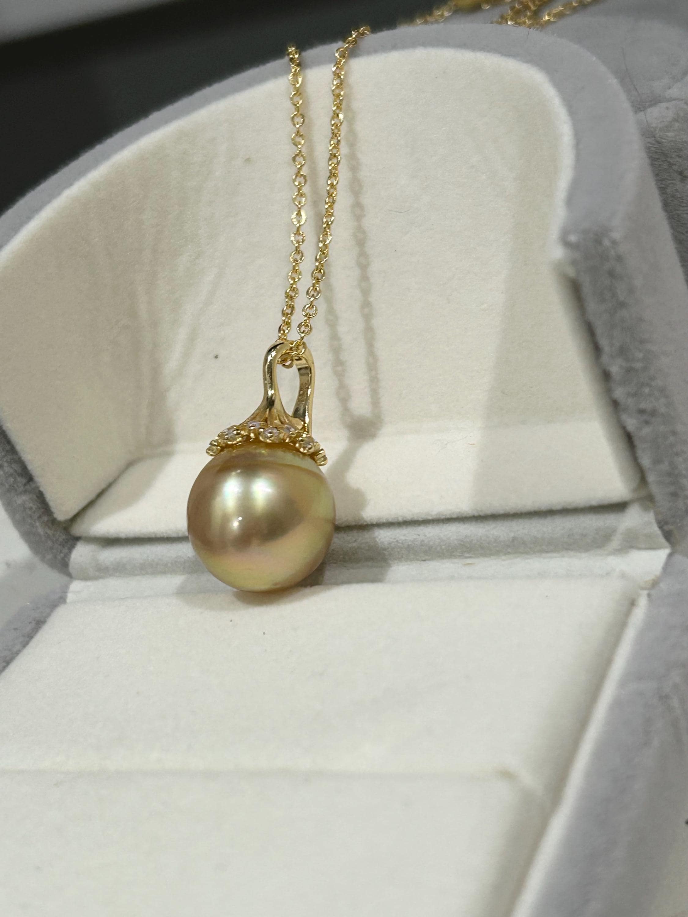 South Sea Golden Pearl Pendant Necklace – 13–14mm, 14K Gold-Plated Silver