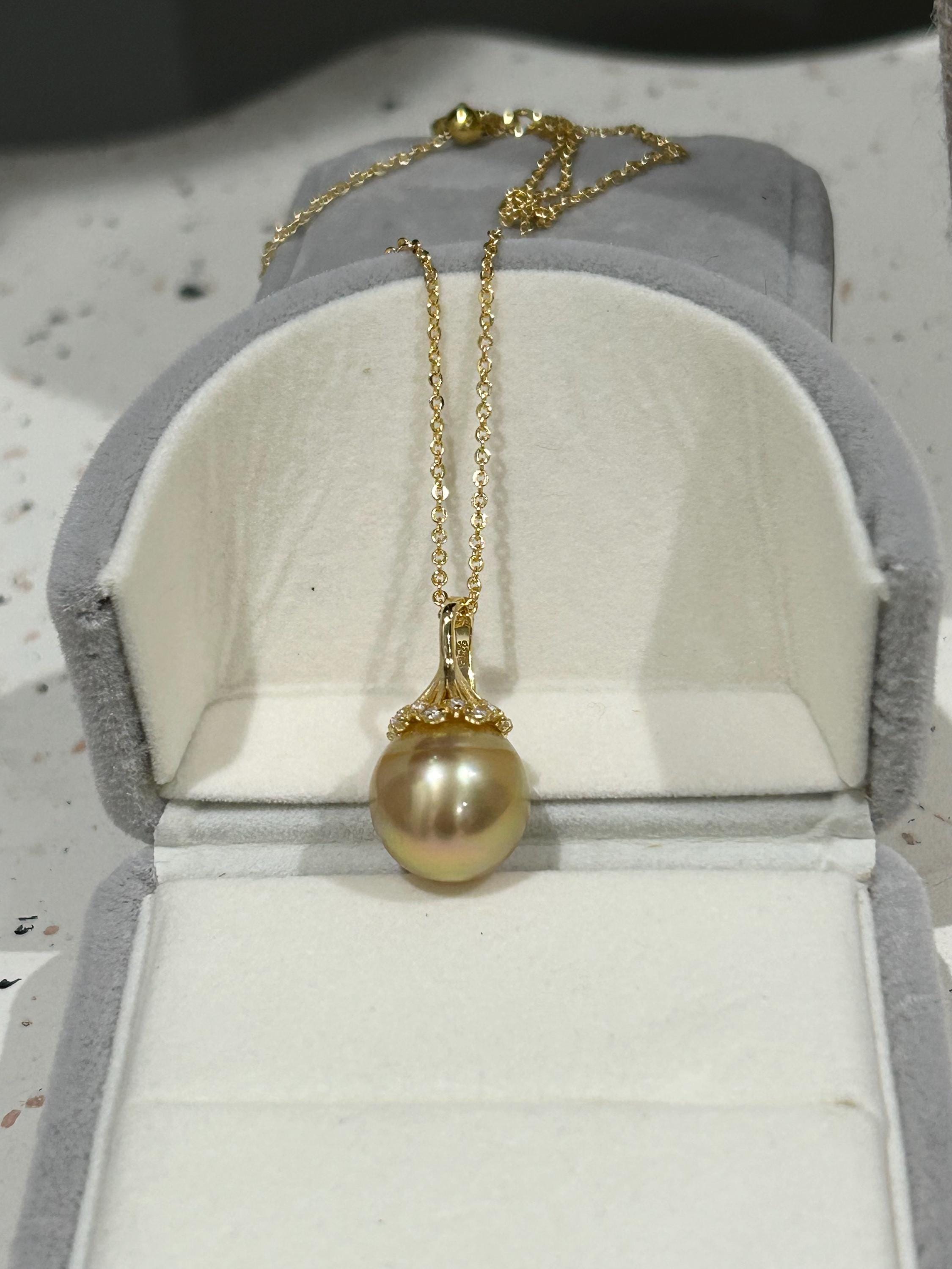 South Sea Golden Pearl Pendant Necklace – 13–14mm, 14K Gold-Plated Silver