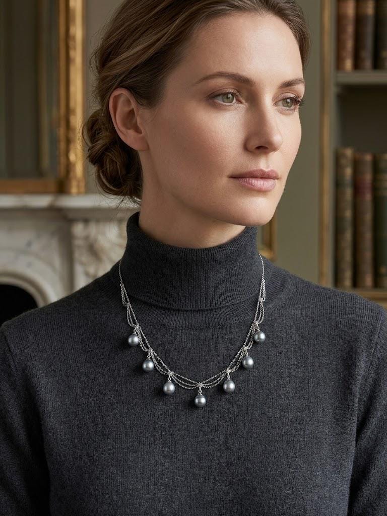 Blue Akoya Pearl Festoon Necklace – Silvery-Blue Drops, 8–9mm