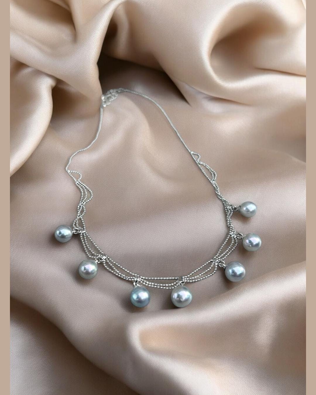 Blue Akoya Pearl Festoon Necklace – Silvery-Blue Drops, 8–9mm