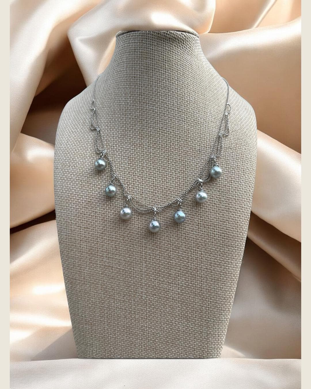 Blue Akoya Pearl Festoon Necklace – Silvery-Blue Drops, 8–9mm