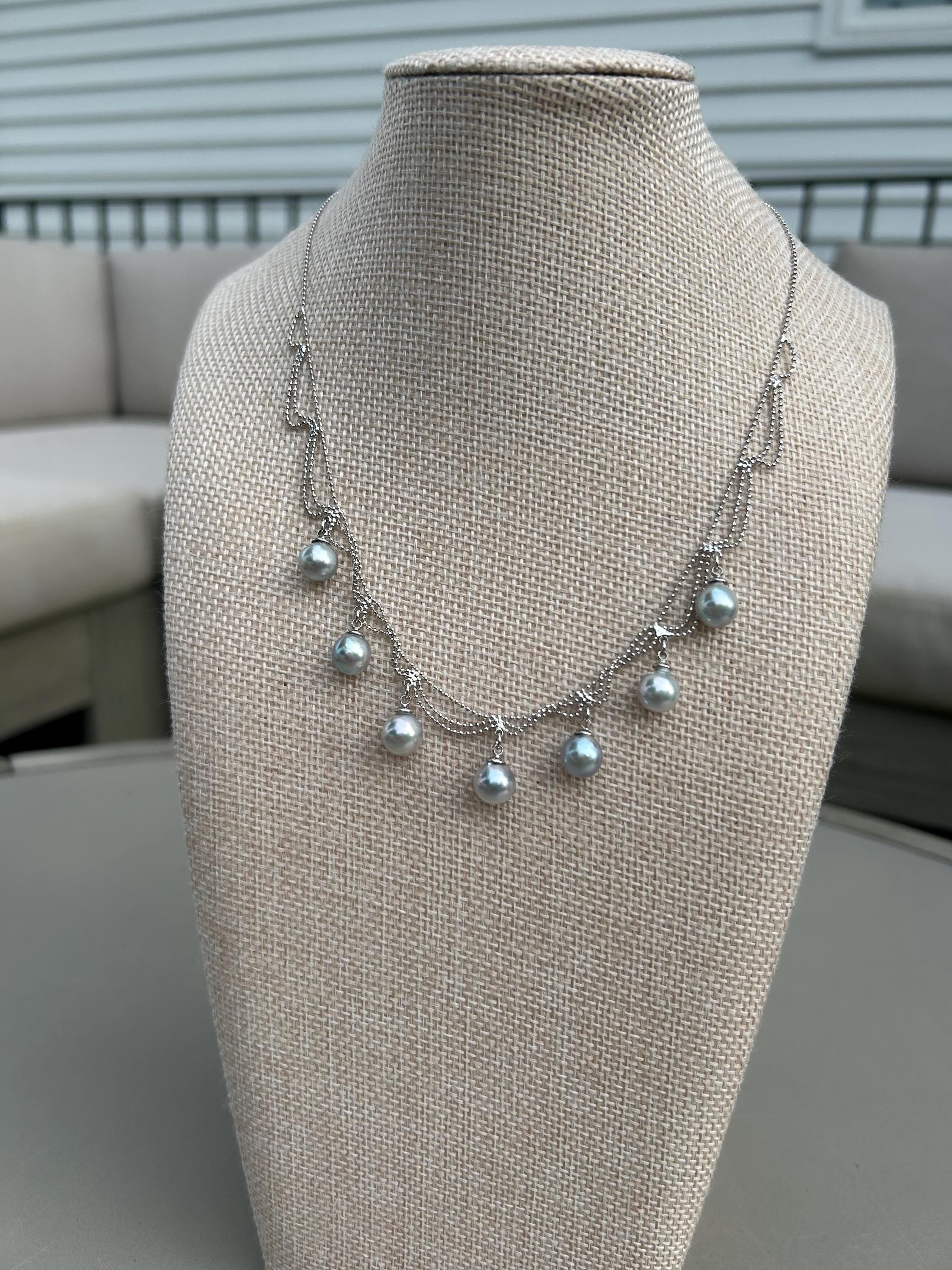 Blue Akoya Pearl Festoon Necklace – Silvery-Blue Drops, 8–9mm