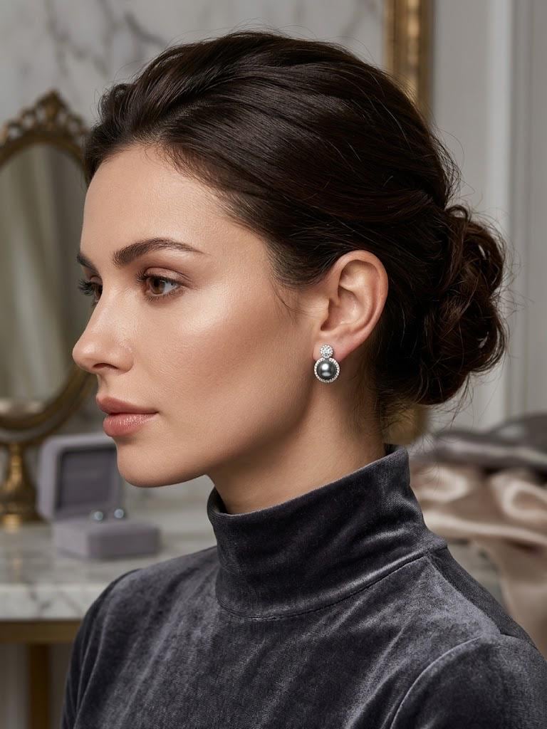 Blue Akoya Pearl Halo Drop Earrings – Silvery Blue, 8mm
