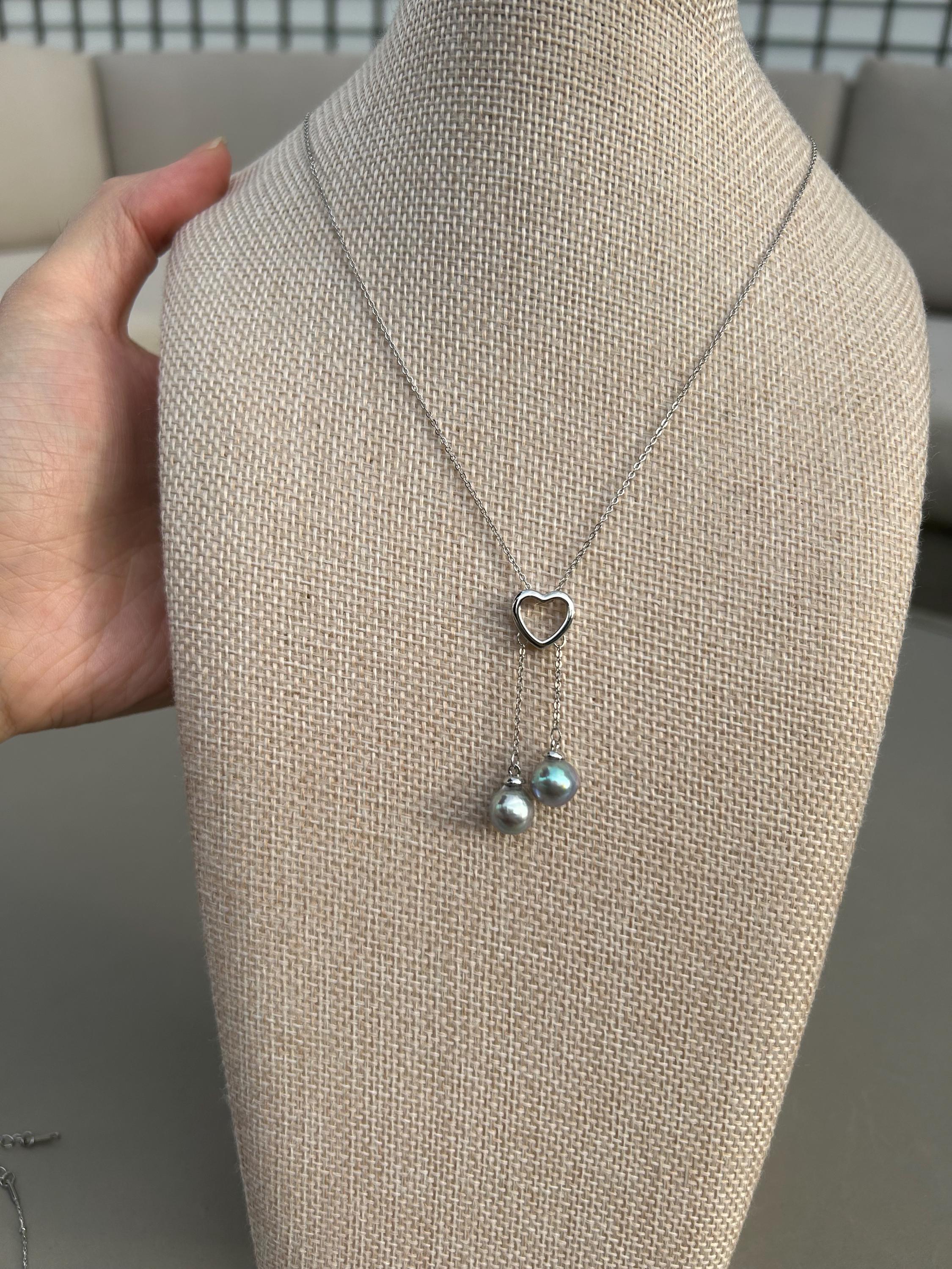 Blue Akoya Pearl Heart Lariat Necklace – 8–9mm Silvery-Blue Drops