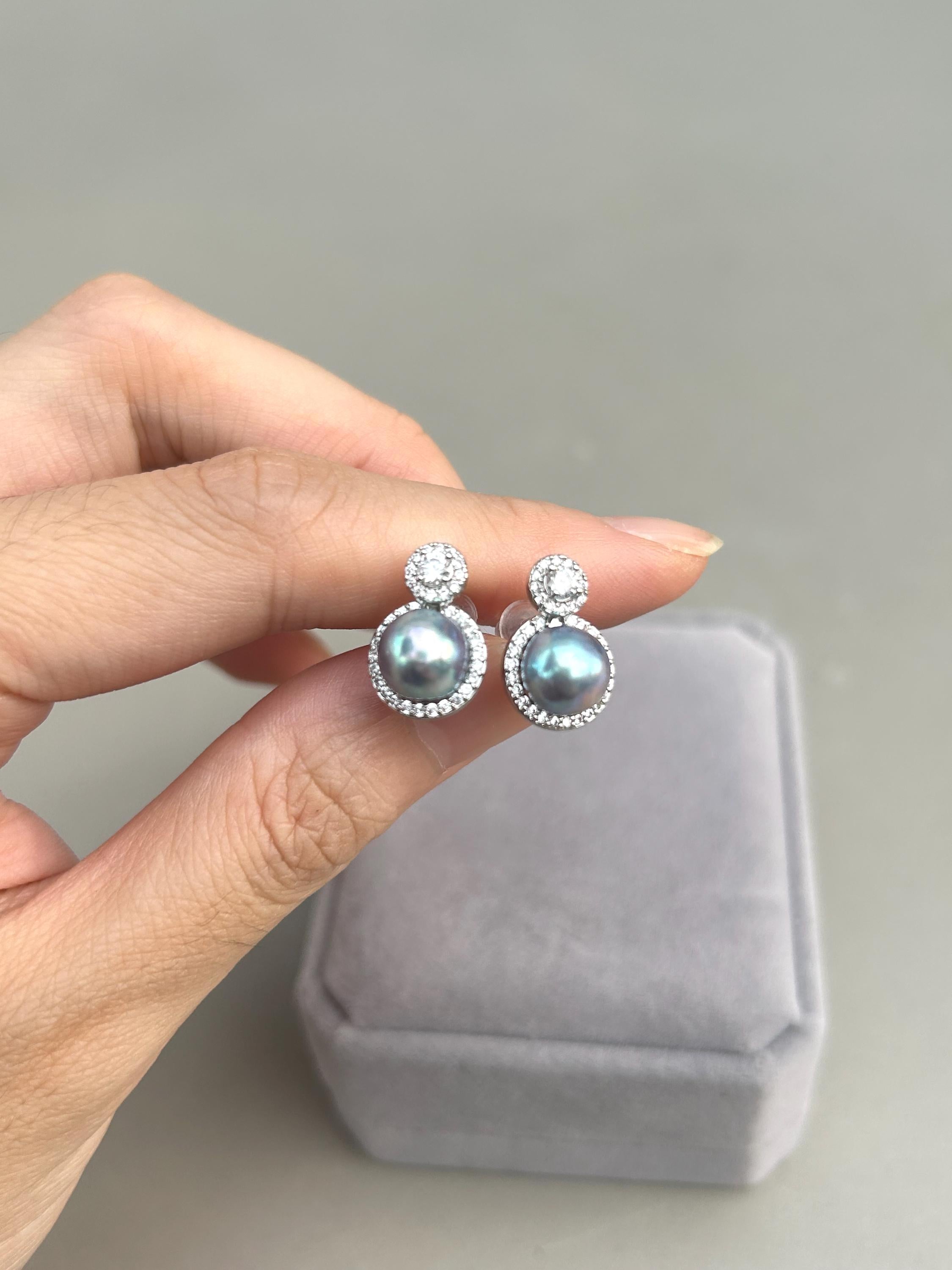 Blue Akoya Pearl Halo Drop Earrings – Silvery Blue, 8mm