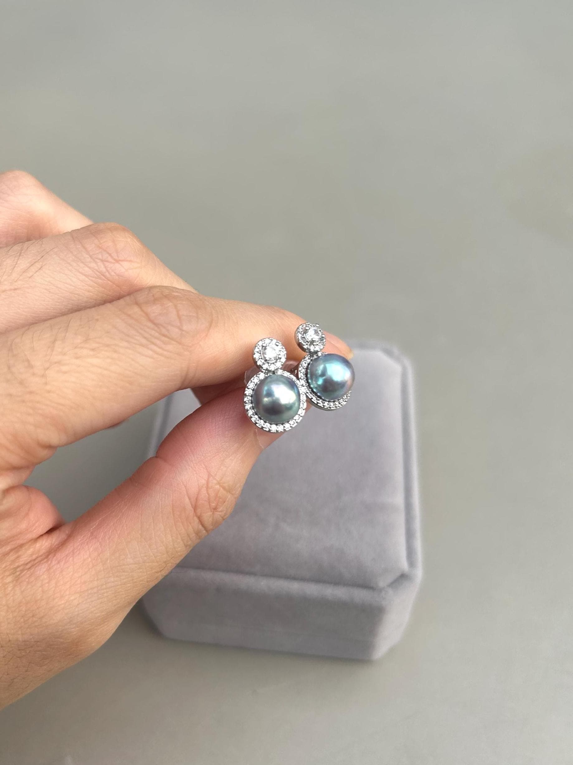 Blue Akoya Pearl Halo Drop Earrings – Silvery Blue, 8mm