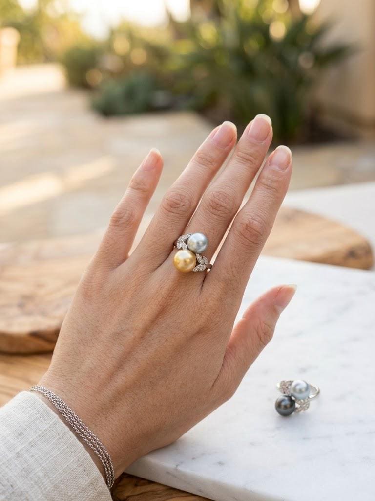 Toi et Moi Double Pearl Ring – Tahitian Peacock or South Sea Golden with Akoya Blue