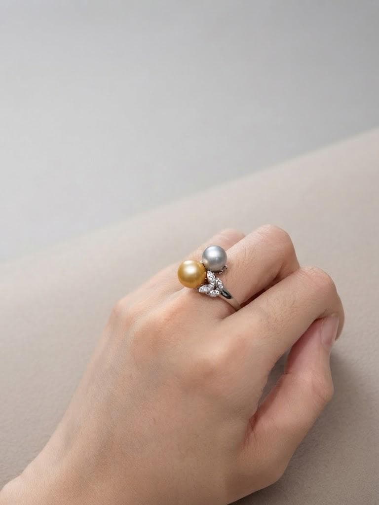Toi et Moi Double Pearl Ring – Tahitian Peacock or South Sea Golden with Akoya Blue