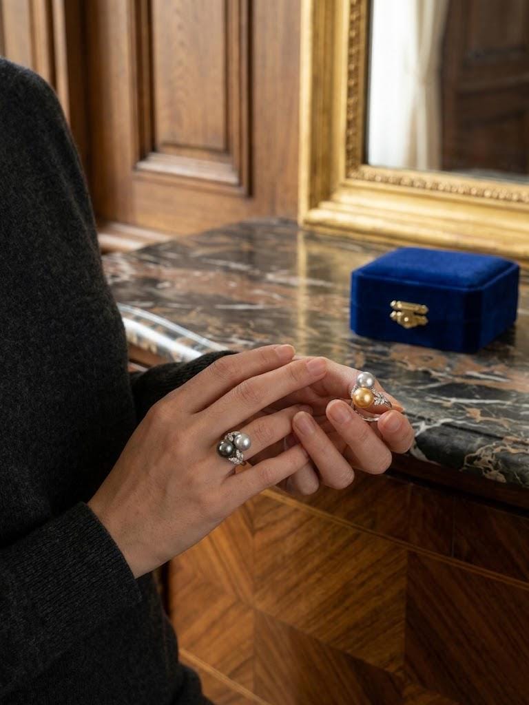 Toi et Moi Double Pearl Ring – Tahitian Peacock or South Sea Golden with Akoya Blue