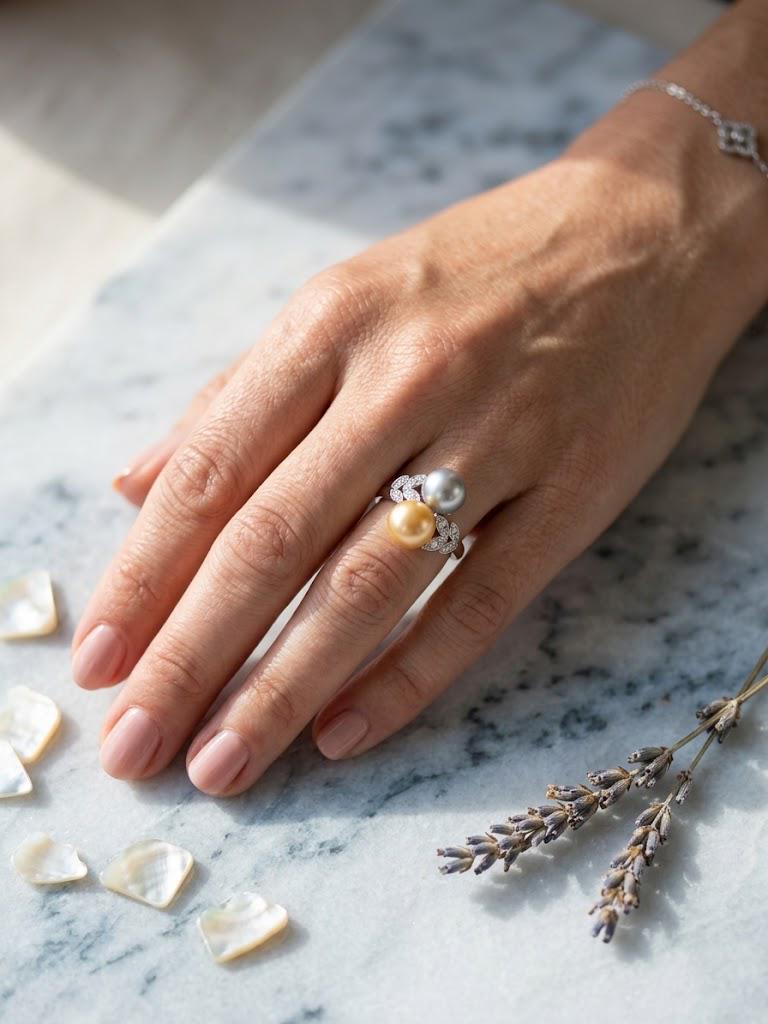 Toi et Moi Double Pearl Ring – Tahitian Peacock or South Sea Golden with Akoya Blue