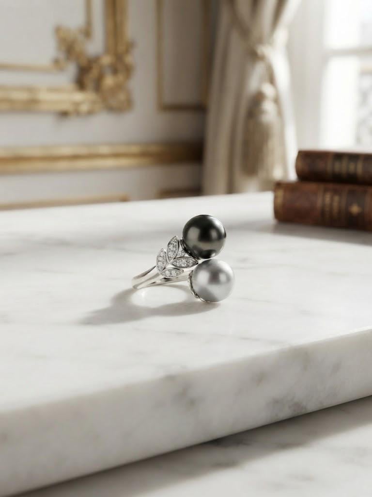 Toi et Moi Double Pearl Ring – Tahitian Peacock or South Sea Golden with Akoya Blue