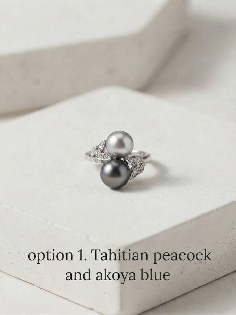 Toi et Moi Double Pearl Ring – Tahitian Peacock or South Sea Golden with Akoya Blue