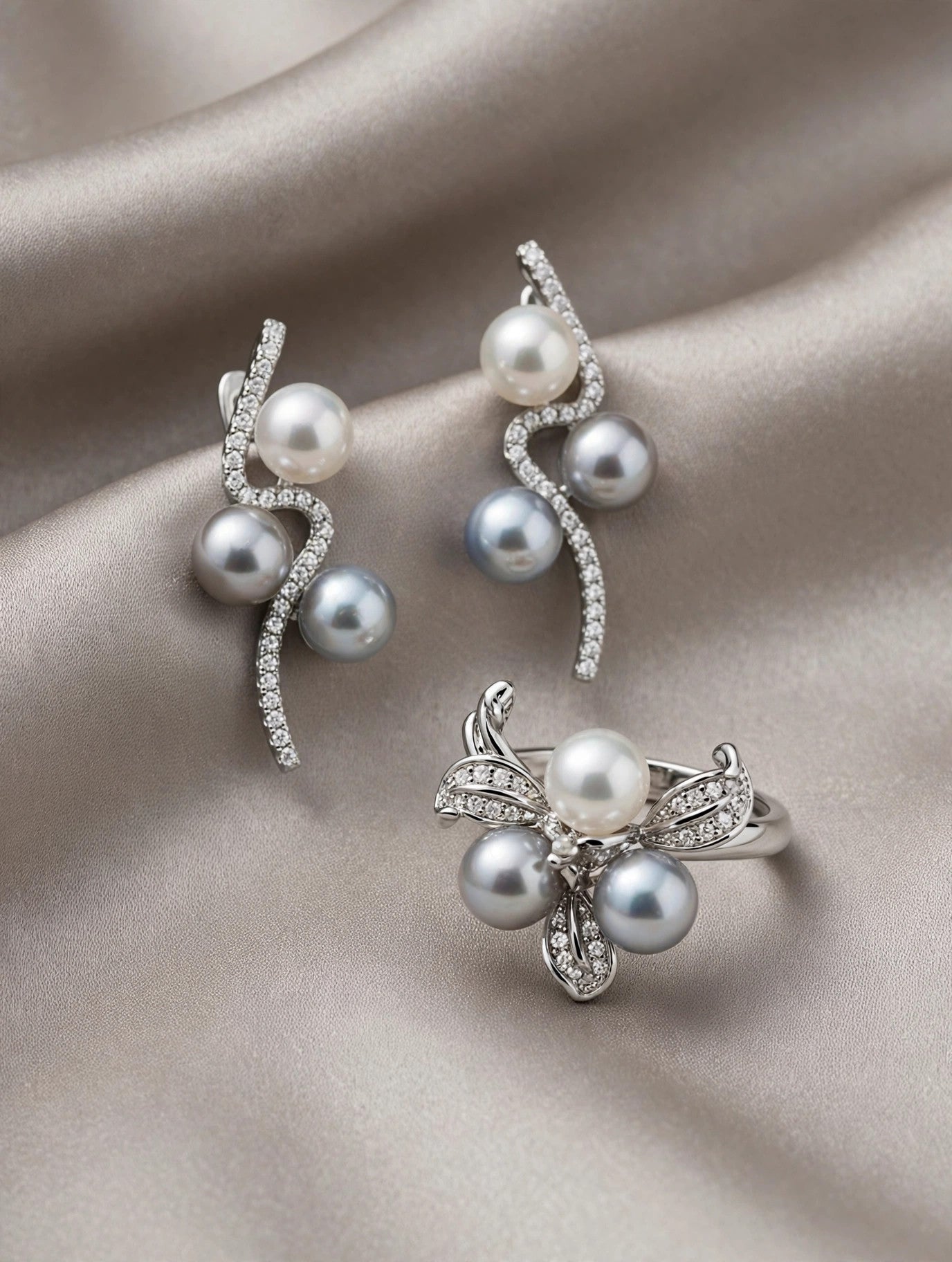 Multicolor Akoya Pearl Jewelry Set — Flower Ring & Dangle Earrings