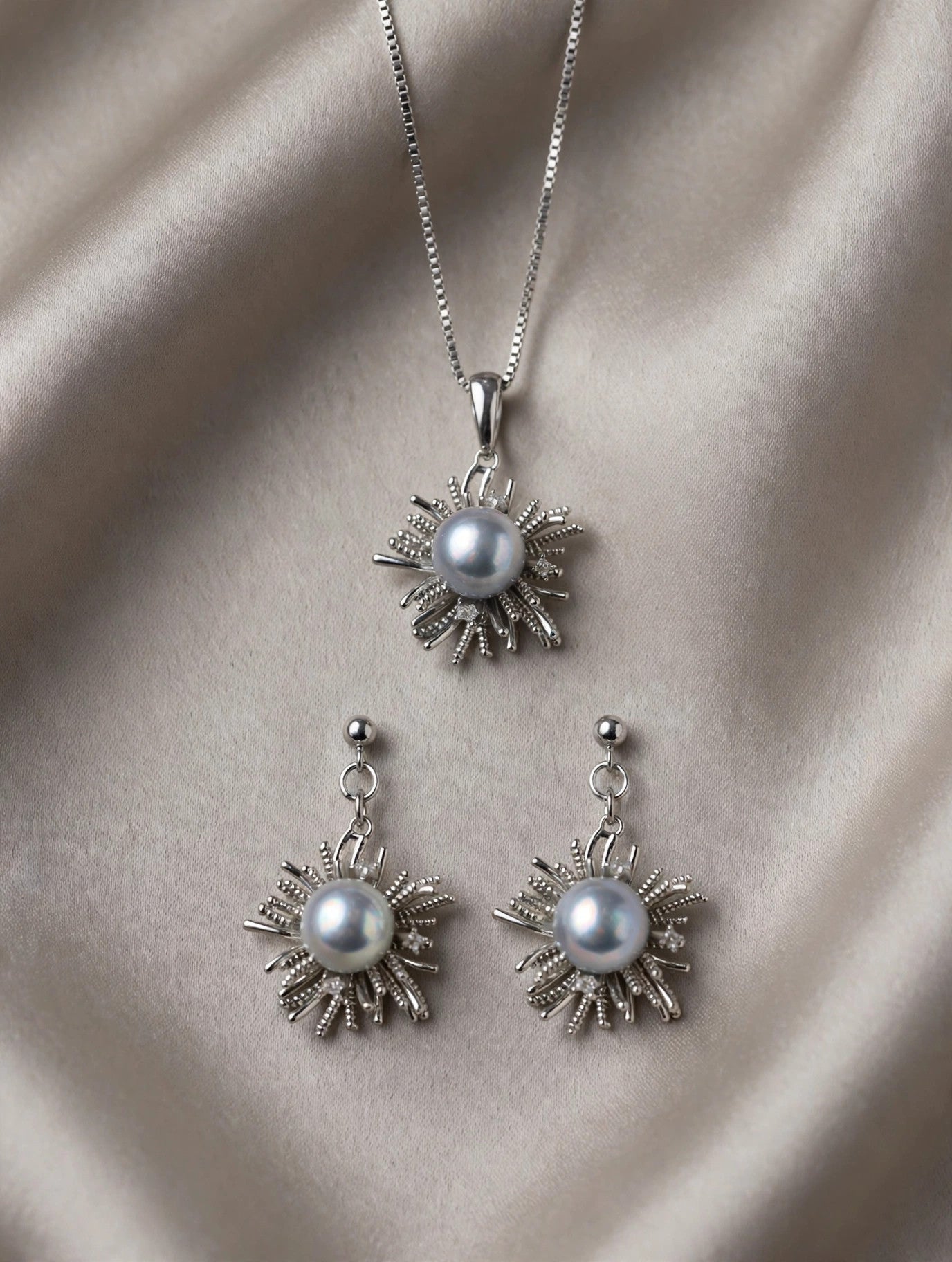 Silver-Blue Akoya Pearl Starburst Set — Pendant Necklace & Drop Earrings