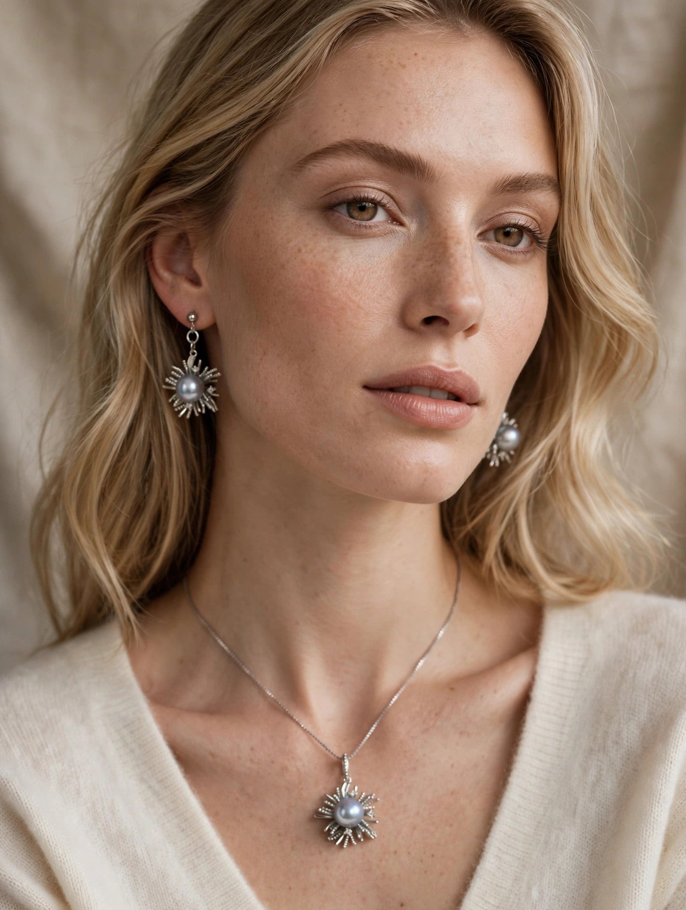 Silver-Blue Akoya Pearl Starburst Set — Pendant Necklace & Drop Earrings