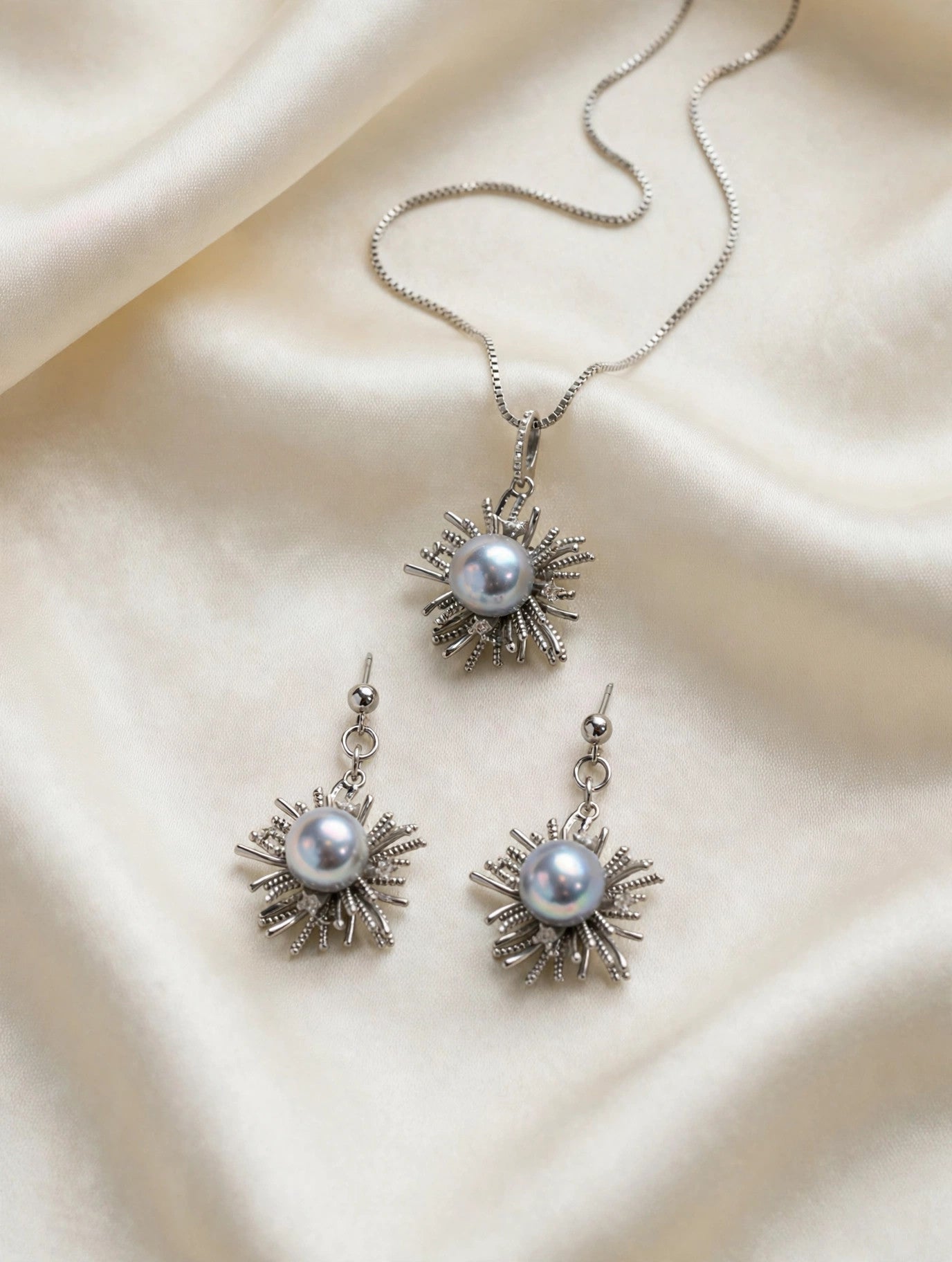 Silver-Blue Akoya Pearl Starburst Set — Pendant Necklace & Drop Earrings