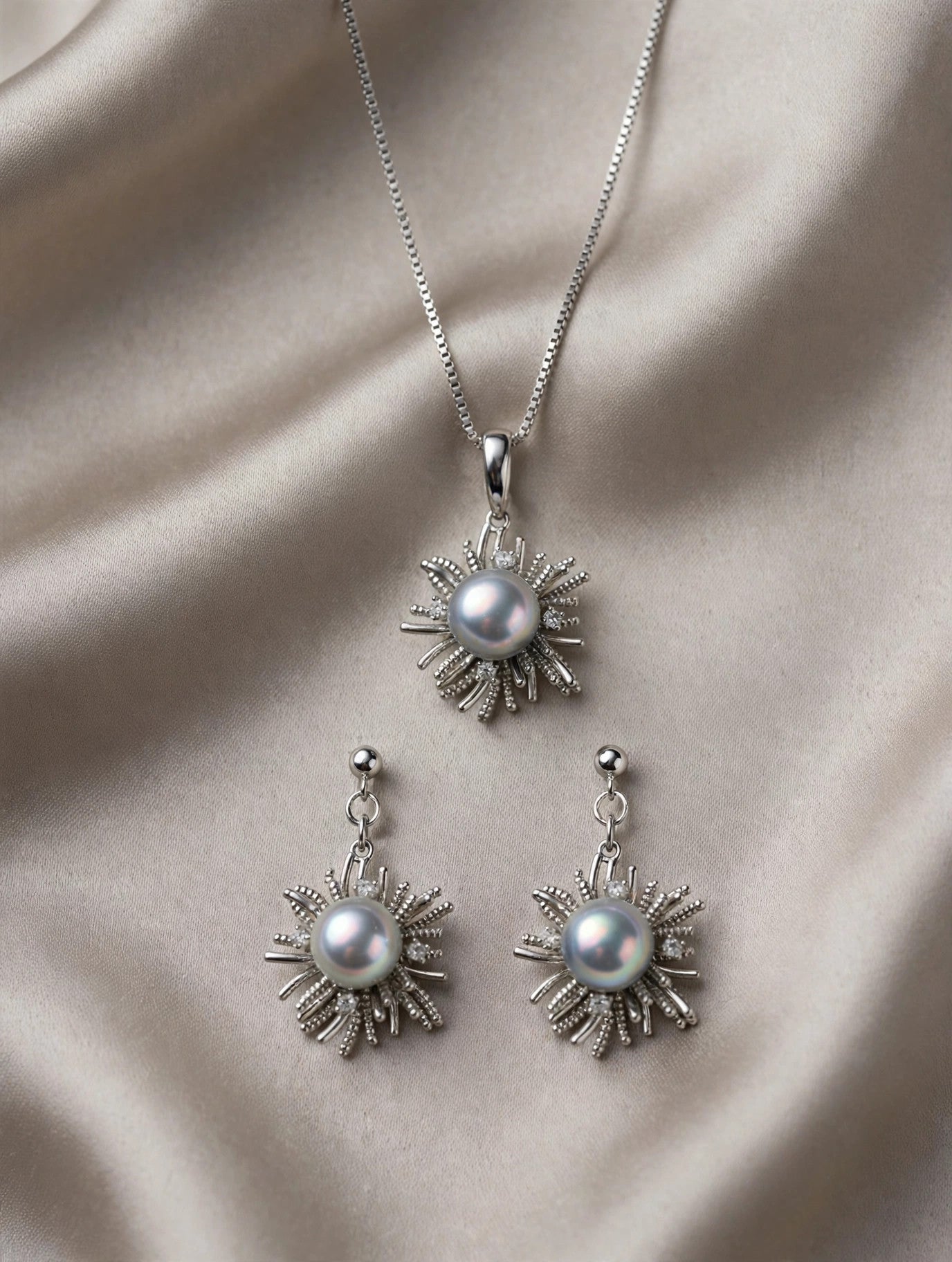 Silver-Blue Akoya Pearl Starburst Set — Pendant Necklace & Drop Earrings