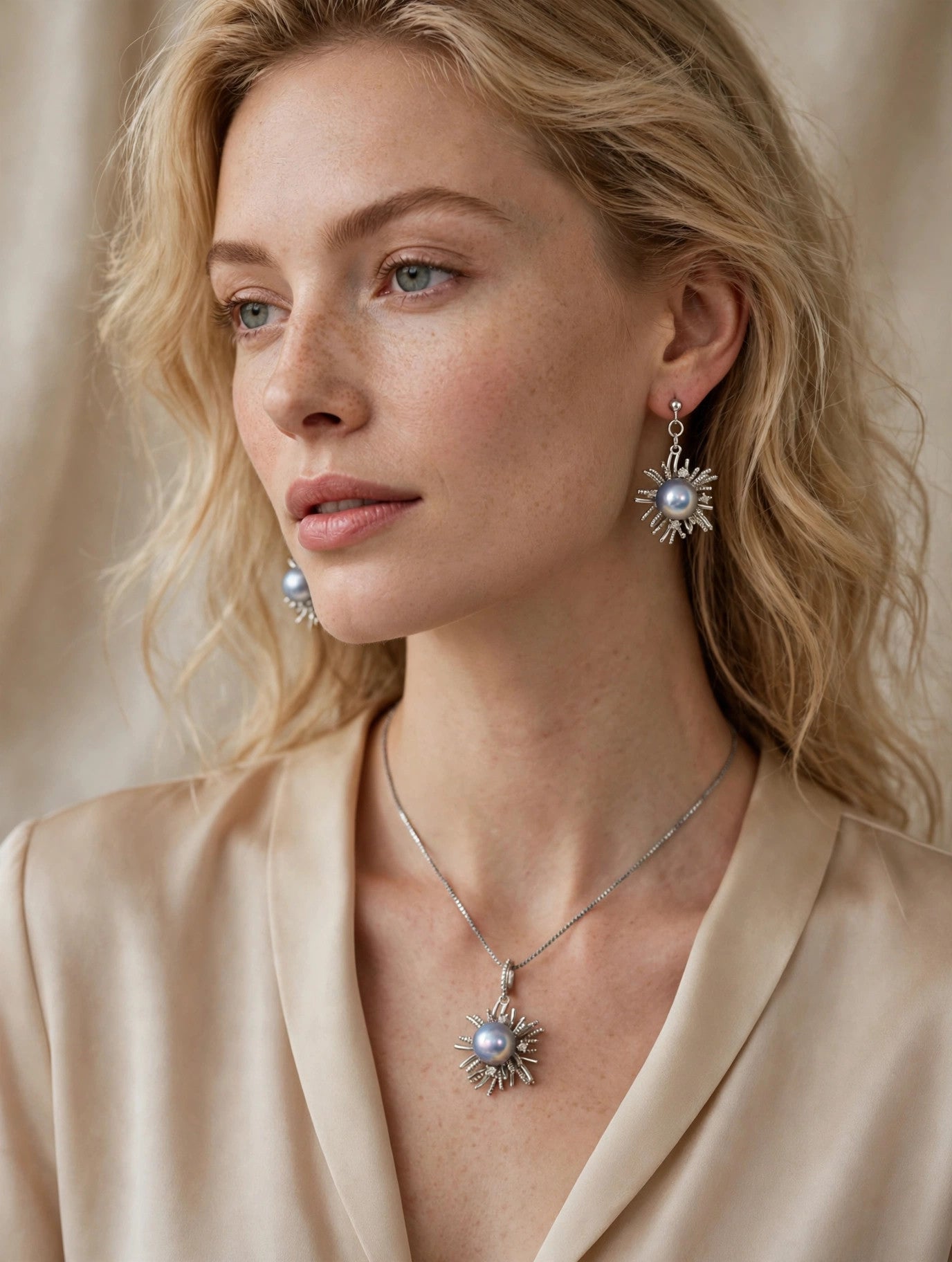Silver-Blue Akoya Pearl Starburst Set — Pendant Necklace & Drop Earrings