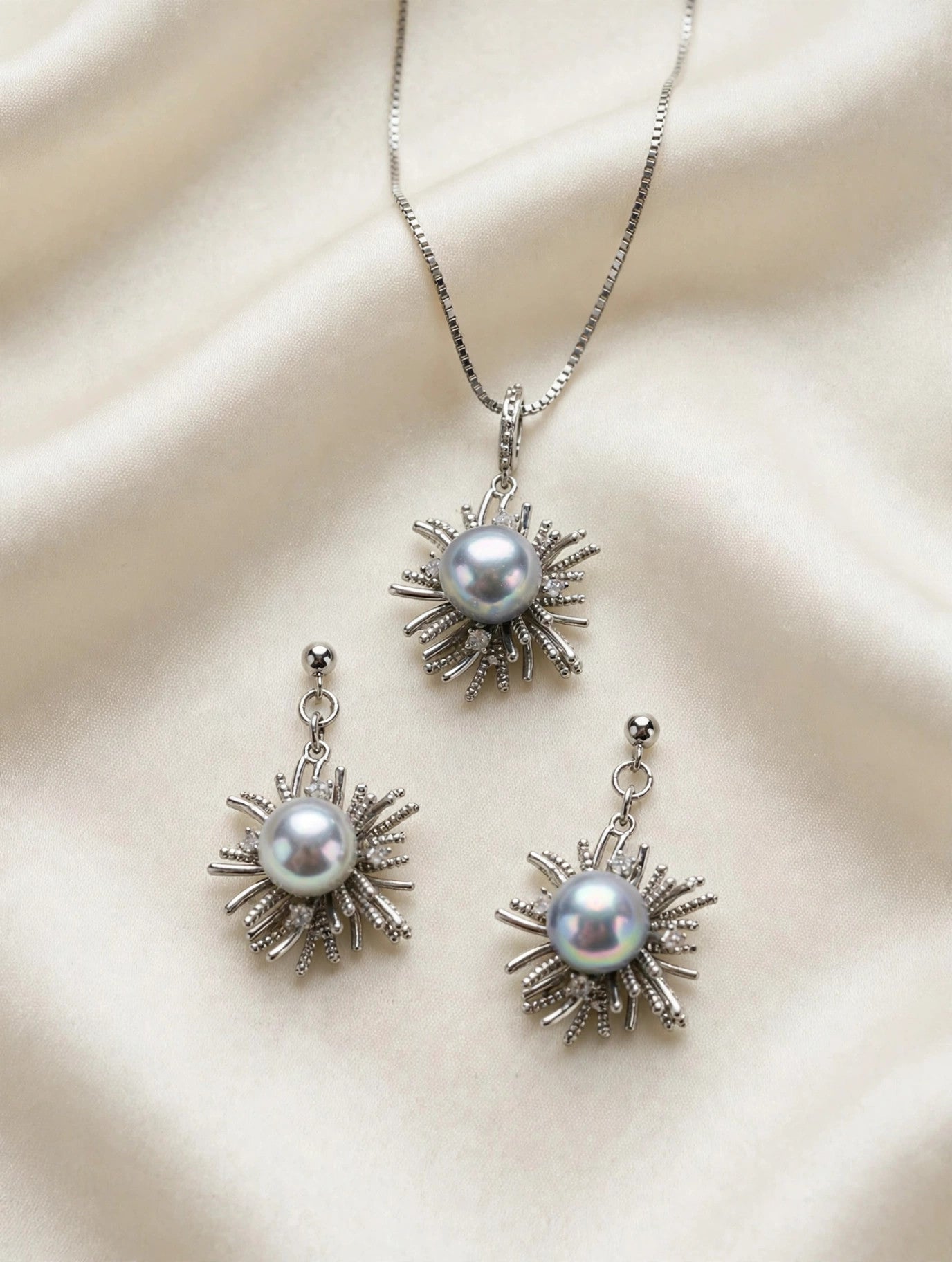 Silver-Blue Akoya Pearl Starburst Set — Pendant Necklace & Drop Earrings