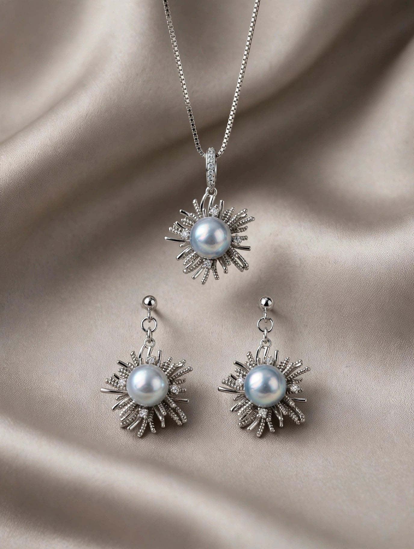 Silver-Blue Akoya Pearl Starburst Set — Pendant Necklace & Drop Earrings
