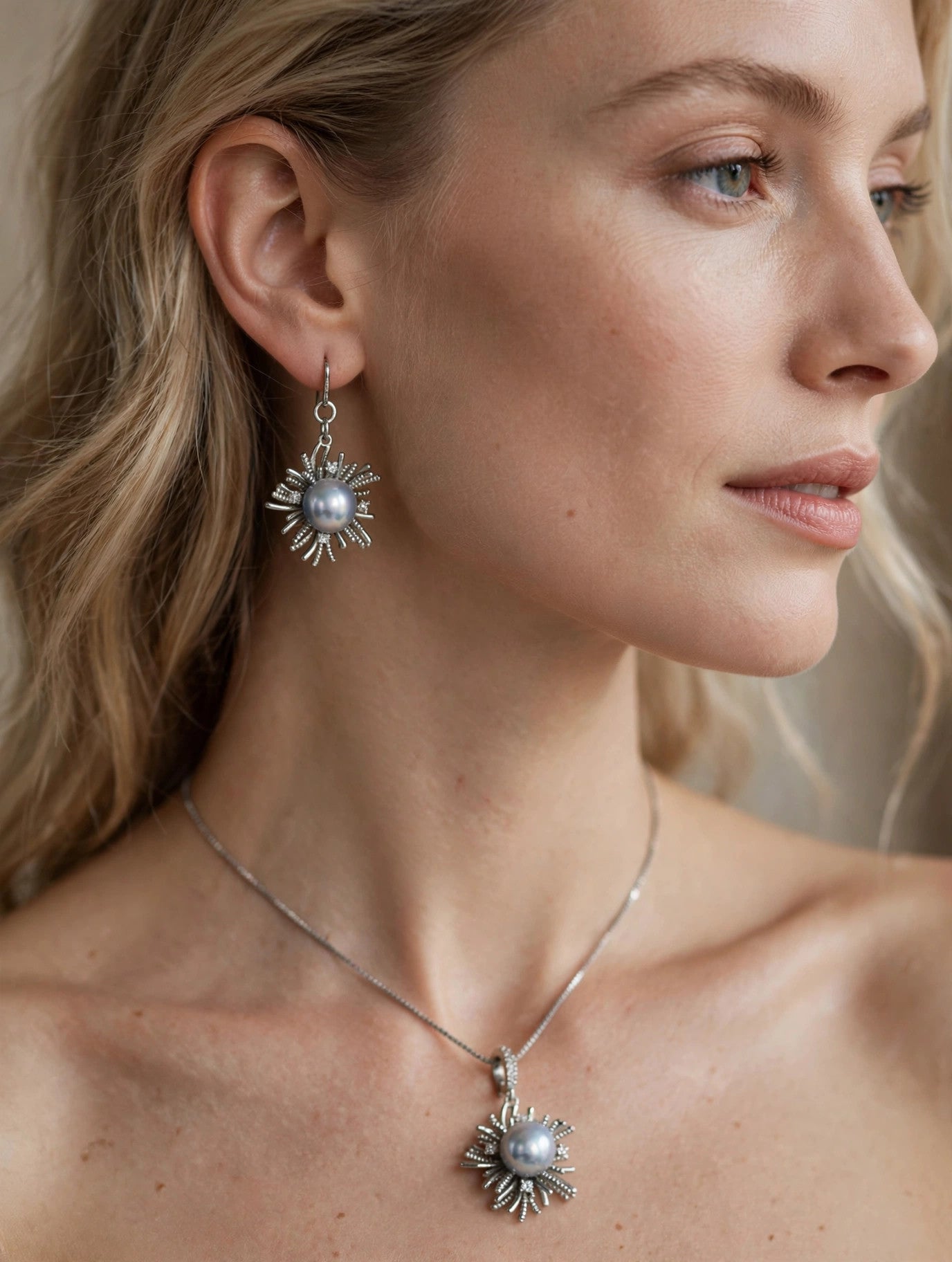 Silver-Blue Akoya Pearl Starburst Set — Pendant Necklace & Drop Earrings