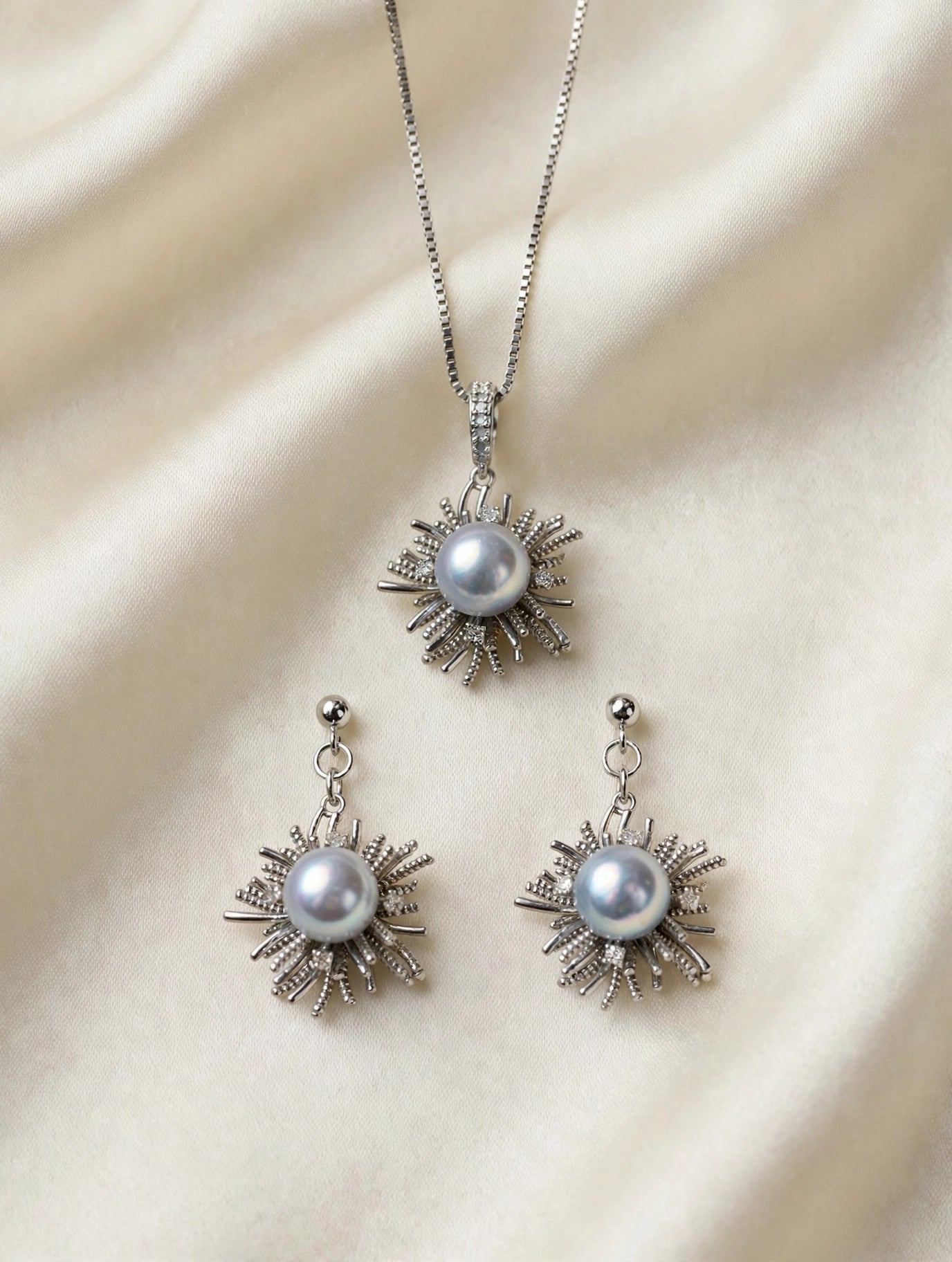 Silver-Blue Akoya Pearl Starburst Set — Pendant Necklace & Drop Earrings