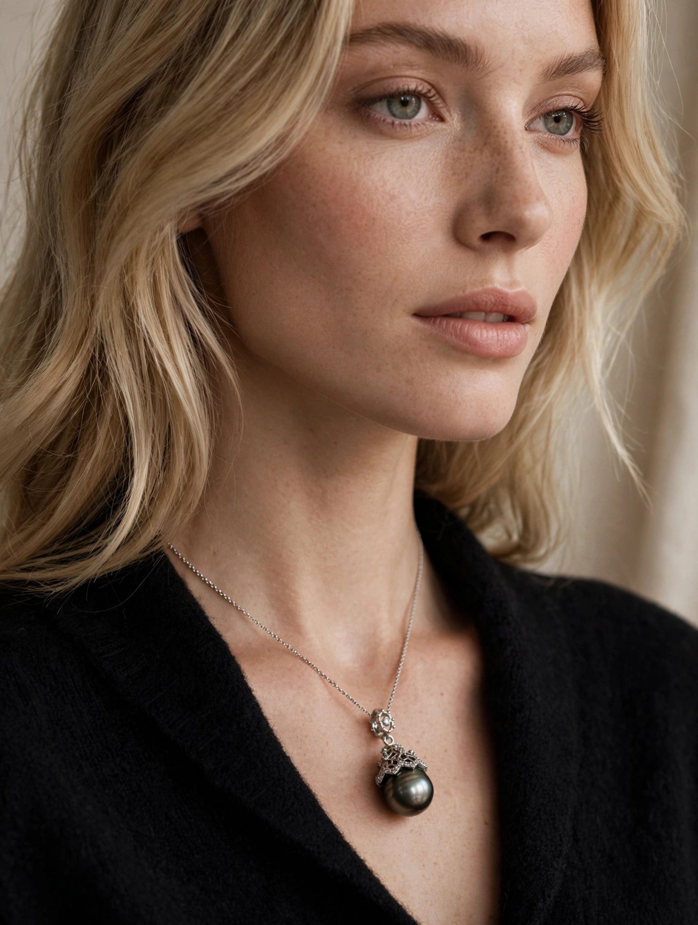 Dark Tahitian Pearl Pendant necklace — Filigree Cap, Cultured Saltwater Drop