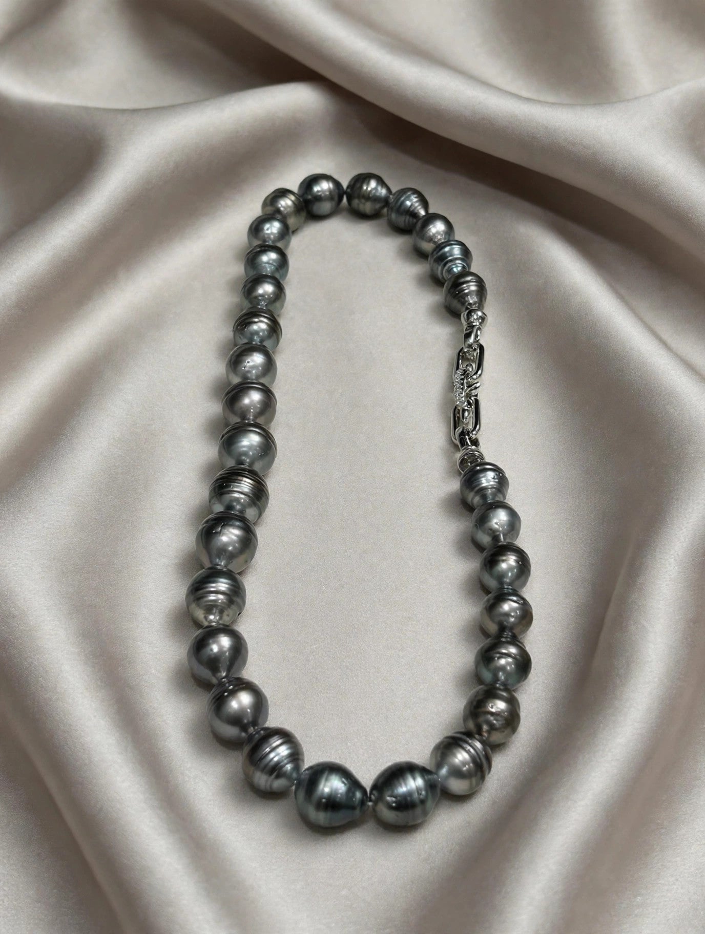 Finely Circled Tahitian Pearl Necklace — 11–13.5mm Silvery Grey, Zircon Buckle