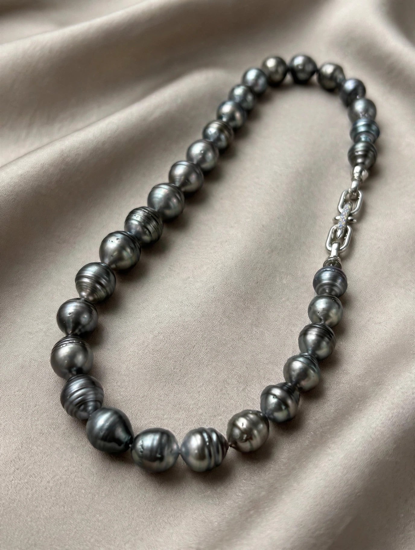Finely Circled Tahitian Pearl Necklace — 11–13.5mm Silvery Grey, Zircon Buckle