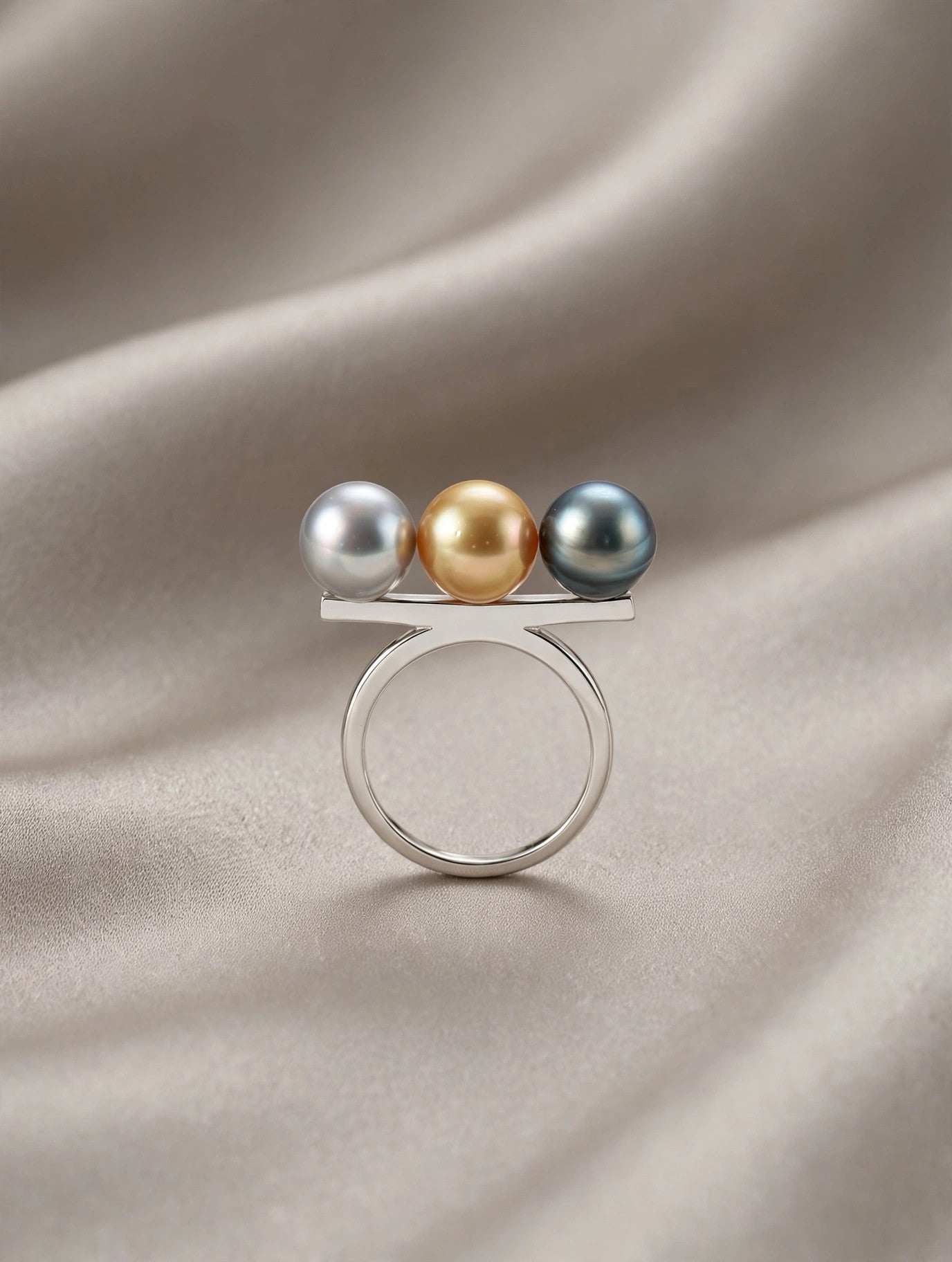 Triple Pearl Ring — Multicolor Saltwater Pearls, Sterling Silver Band