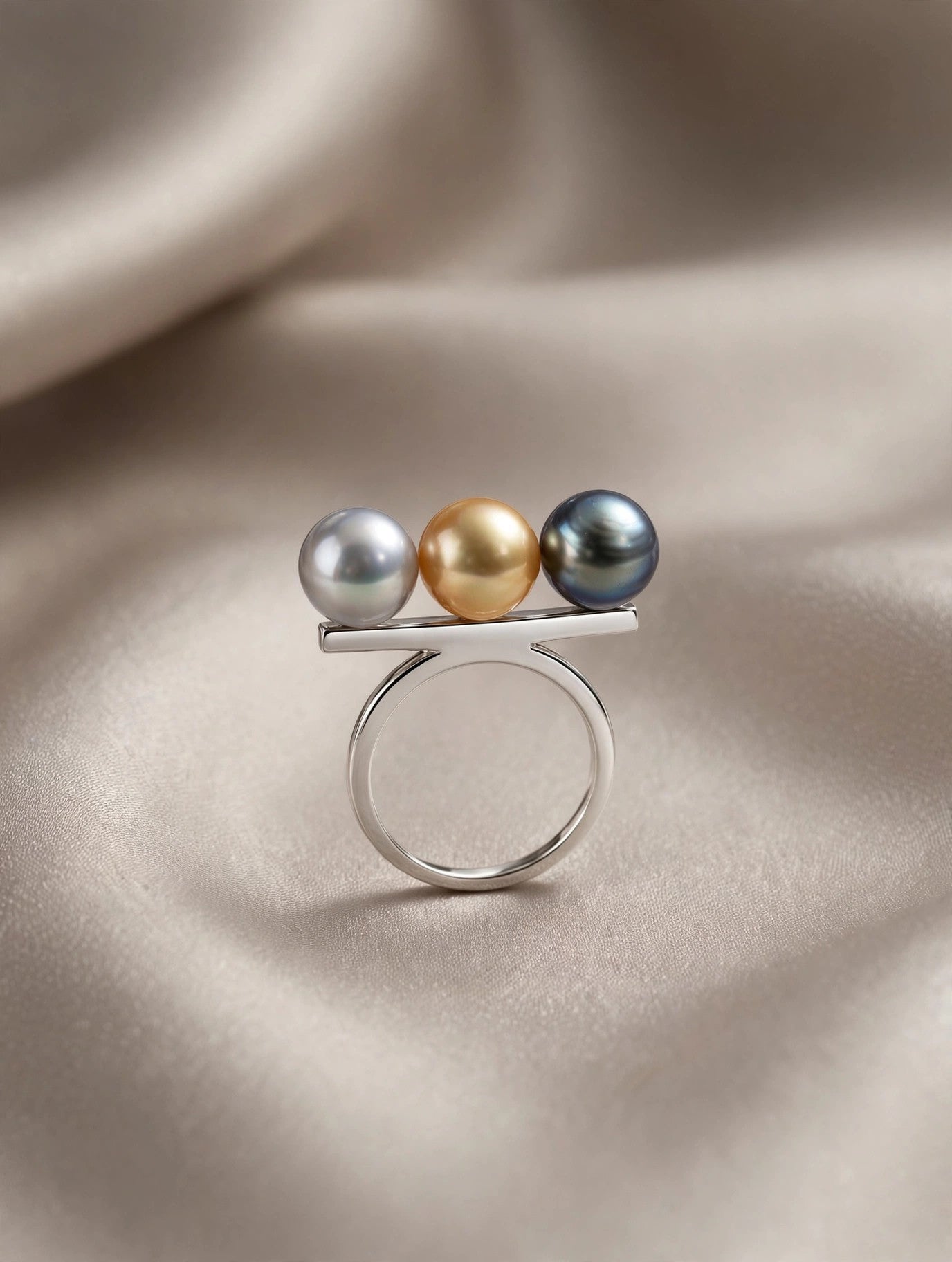Triple Pearl Ring — Multicolor Saltwater Pearls, Sterling Silver Band