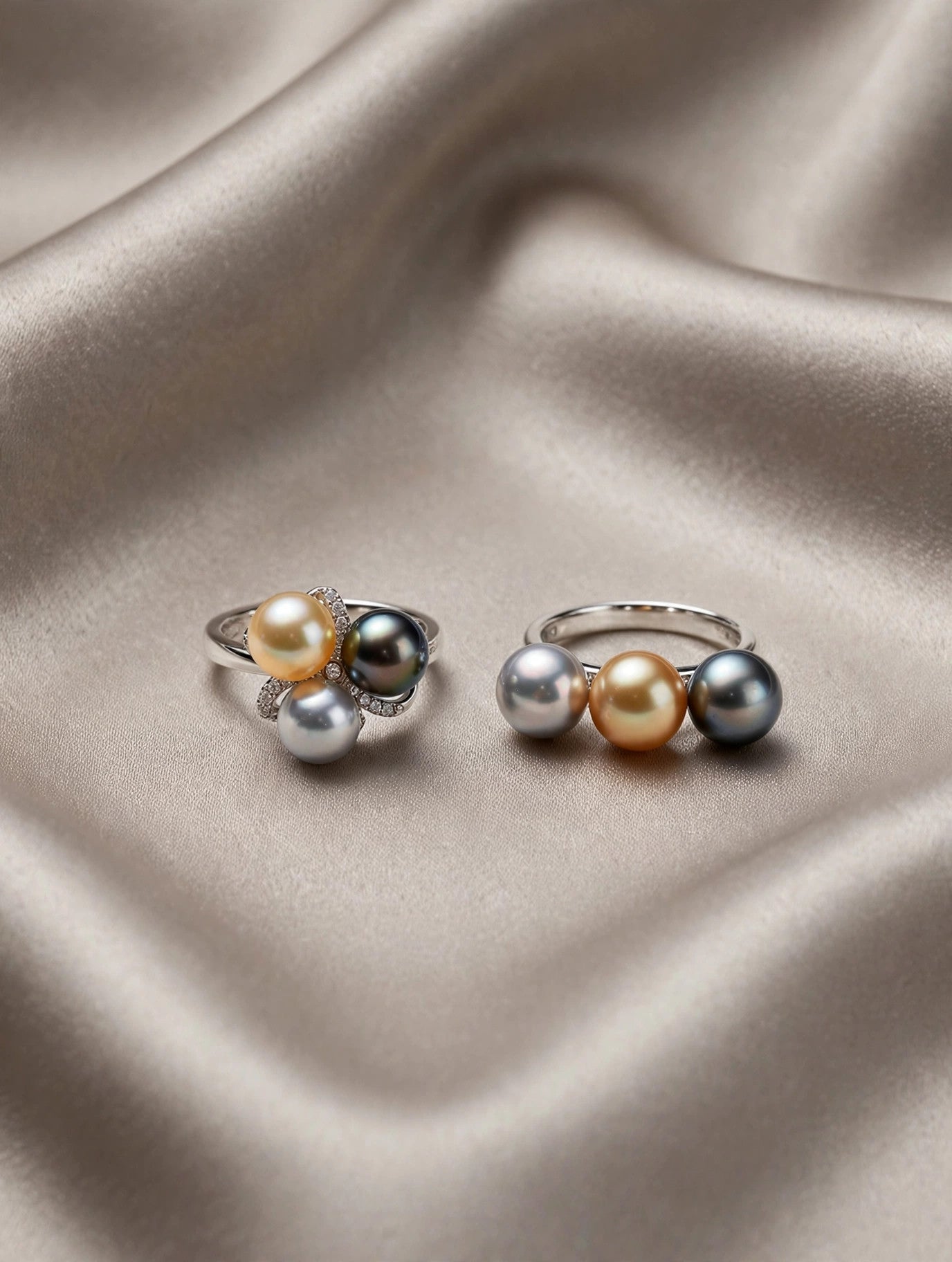 Triple Pearl Ring — Multicolor Saltwater Pearls, Sterling Silver Band