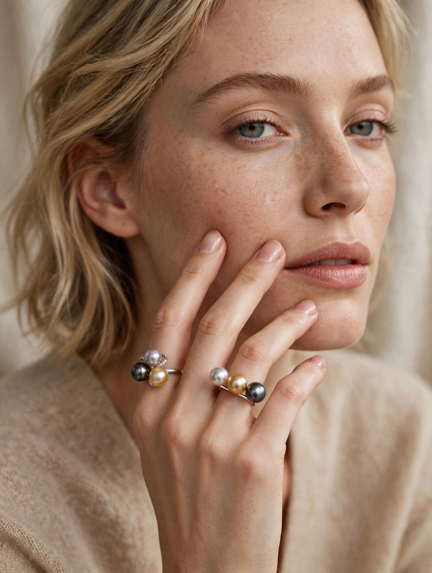 Triple Pearl Ring — Multicolor Saltwater Pearls, Sterling Silver Band